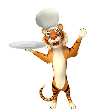 cutetiger çizgi film karakteri chef şapka ve yemek tabağı ile 
