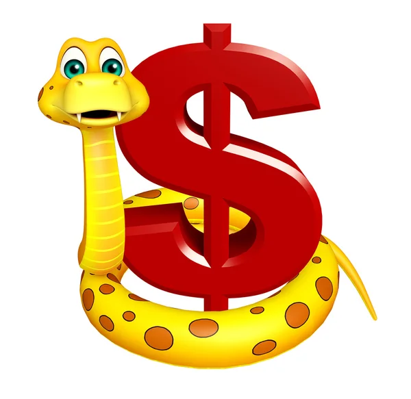 Sevimli yılan dolar işareti olan karakter karikatür — Stok fotoğraf