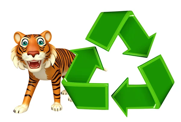Personagem de desenho animado cuteTiger com sinal de reciclagem — Fotografia de Stock