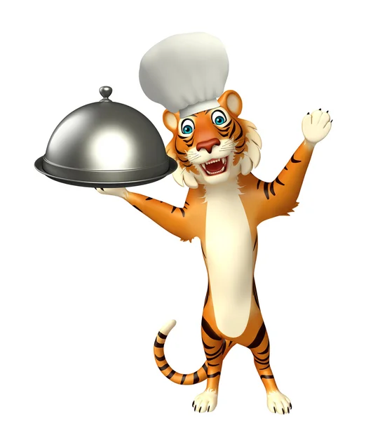 CuteTiger cartoon character  with chef hat and cloche — Stock Photo, Image