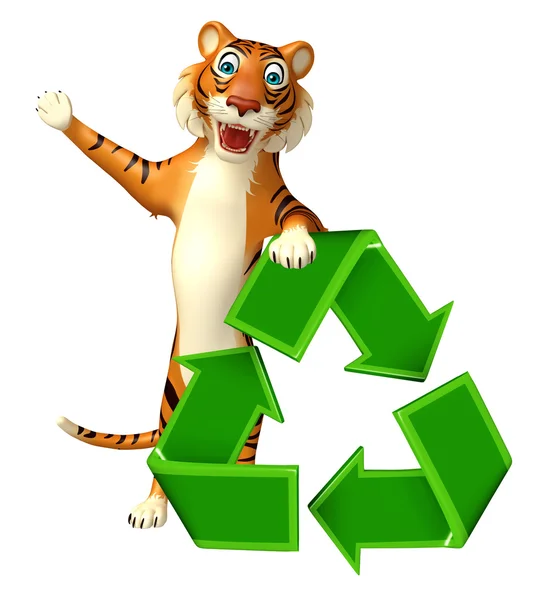 Personagem de desenho animado cuteTiger com sinal de reciclagem — Fotografia de Stock