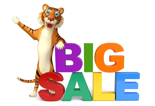 Zabawy Tiger postać z kreskówki z bigsale znak — Zdjęcie stockowe