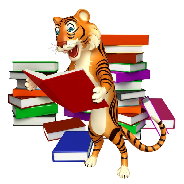 Zábava Tiger kreslená postava s knihou — Stock fotografie