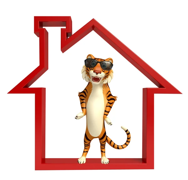 Милый персонаж мультфильма "Тигр" с домашним знаком и солнцезащитными очками — стоковое фото