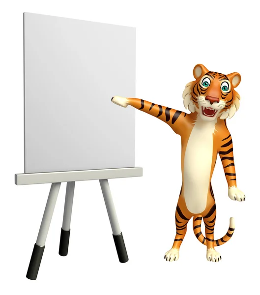 Personagem de desenho animado tigre com placa cavalete — Fotografia de Stock