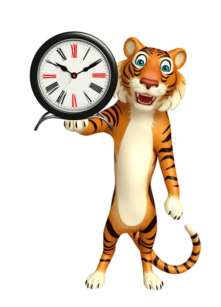 Diversão tigre personagem dos desenhos animados com relógio — Fotografia de Stock