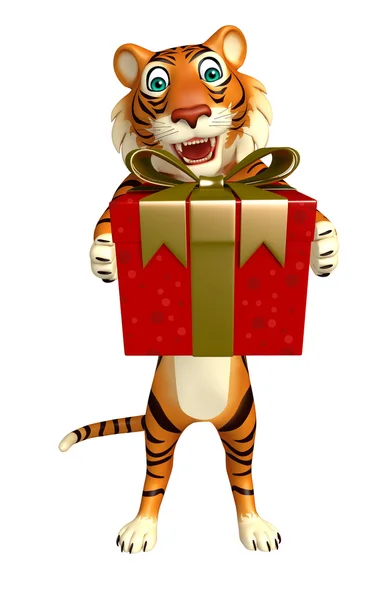 Tigres lindo personaje de dibujos animados con caja de regalo —  Fotos de Stock