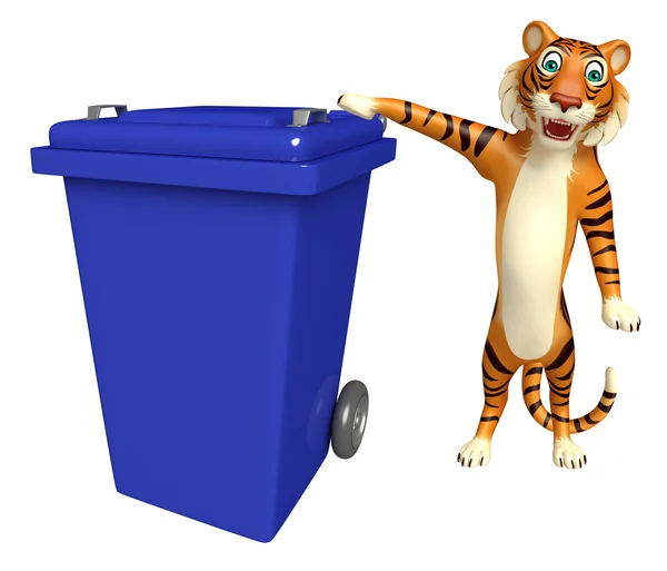 Tijger cartoon karakter met vuilnisbak — Stockfoto