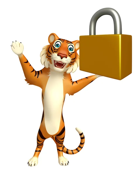 Divertido Tigre personaje de dibujos animados con bloqueo —  Fotos de Stock
