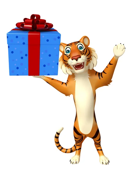 Tigres lindo personaje de dibujos animados con caja de regalo —  Fotos de Stock