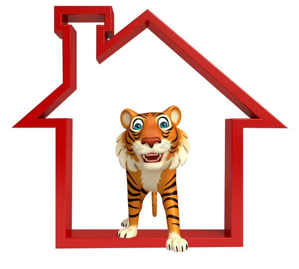 cute Tiger cartoon character with home sign