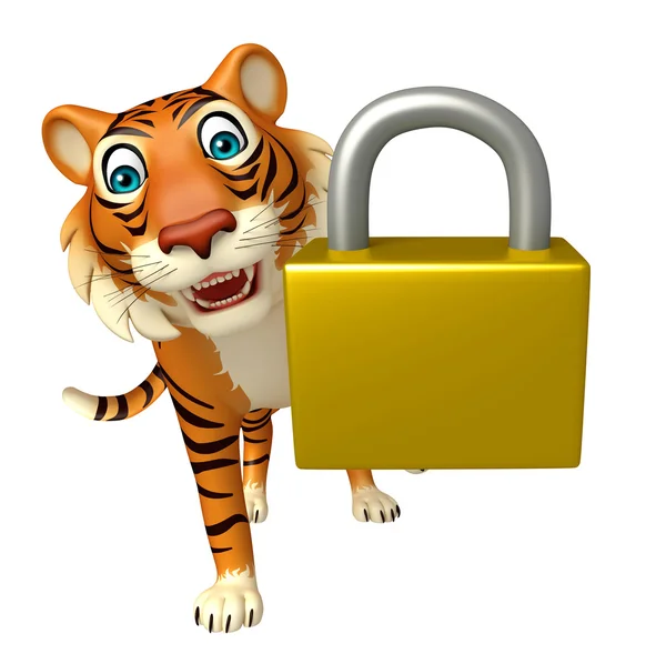 Spaß Tiger Cartoon-Figur mit Schloss — Stockfoto