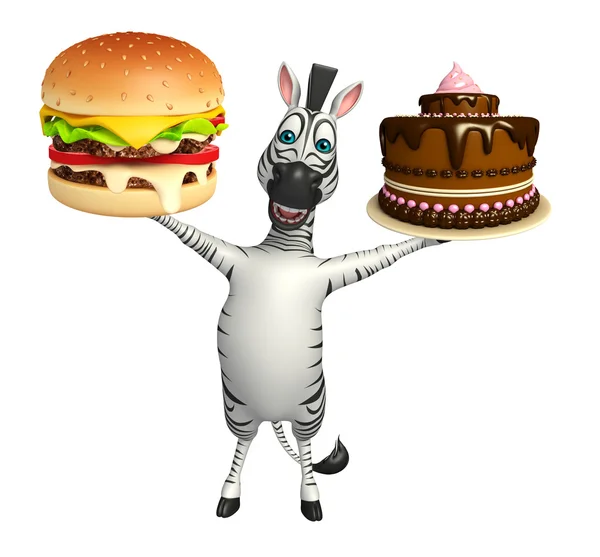Χαριτωμένο ζέβρας κινούμενα σχέδια χαρακτήρα με burger και κέικ — Φωτογραφία Αρχείου