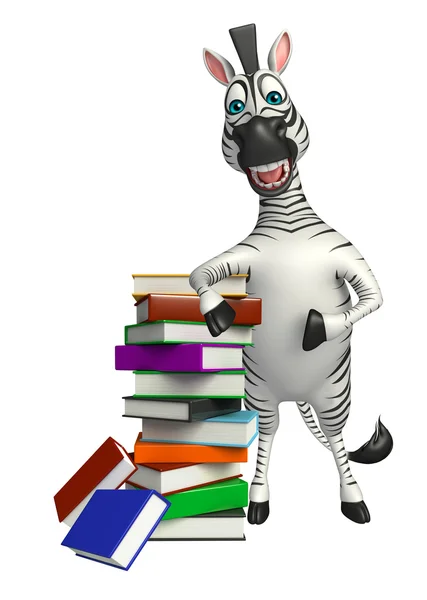 Cute Zebra cartoon character with book stack — Stock Photo, Image