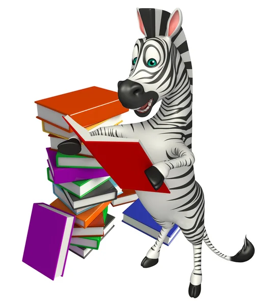 Divertido personagem de desenho animado Zebra com pilha de livro — Fotografia de Stock