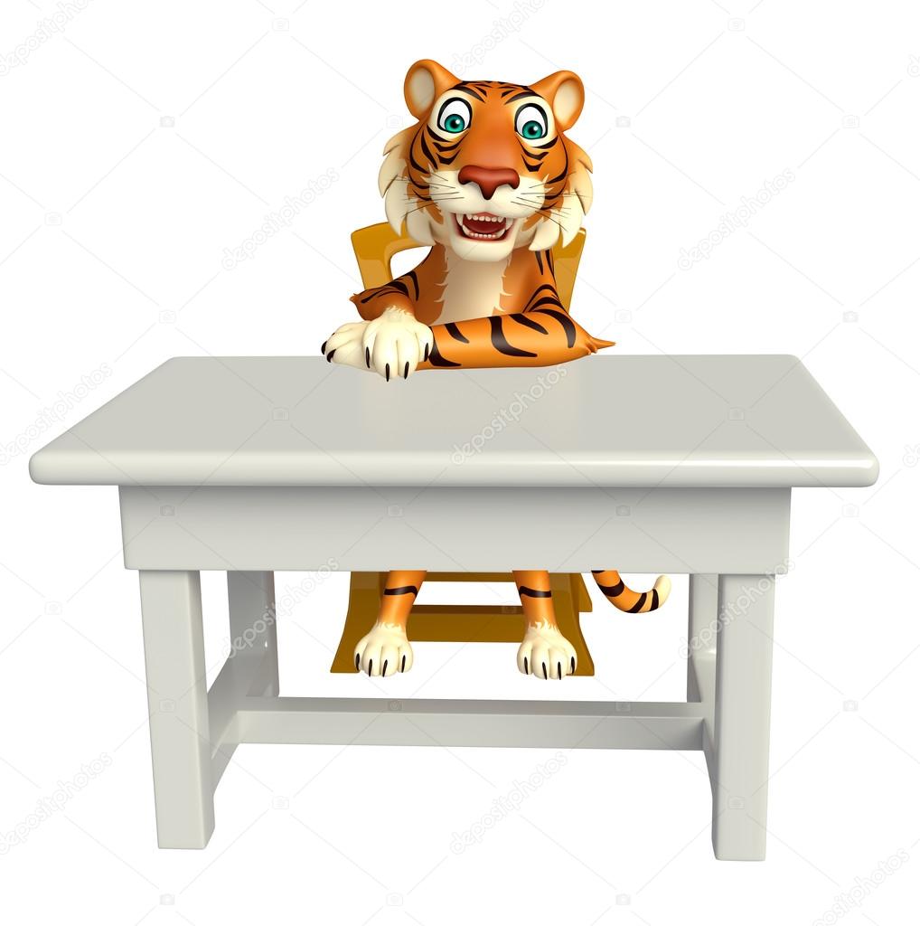 Tiger cartoon character with table and chair 