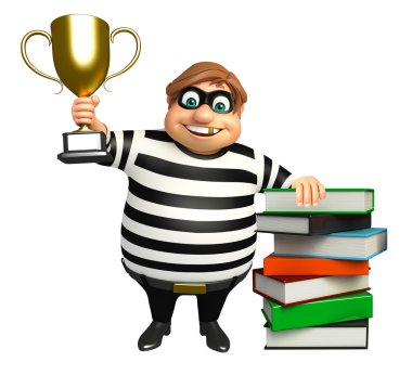 Thief with Book stack & winning cup clipart