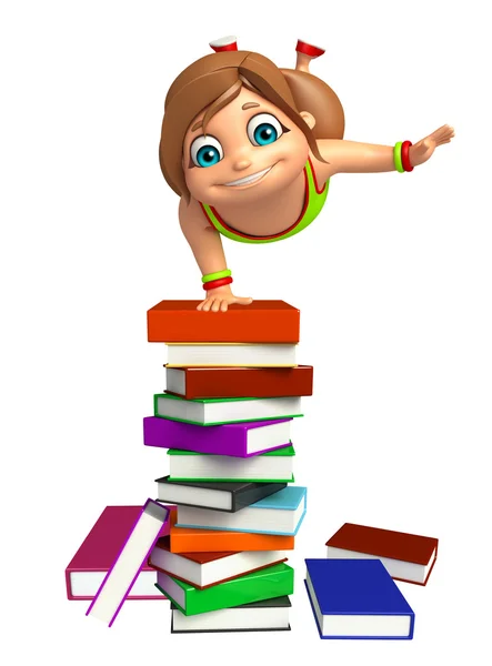Kid flicka med boken stack — Stockfoto
