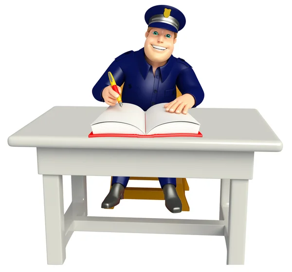 Polizei mit Tisch, Stuhl und Buch — Stockfoto