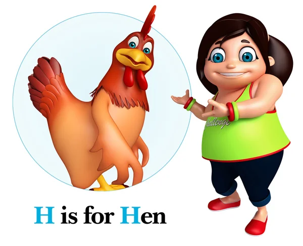 Kid girl pointing Hen — Stock Photo, Image