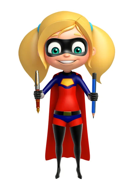 Supergirl com lápis e caneta — Fotografia de Stock