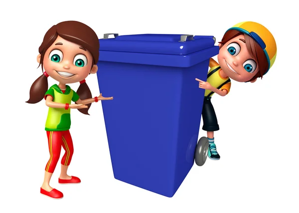 Enfant fille et enfant garçon avec poubelle — Photo