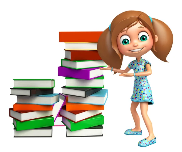 Enfant fille avec pile de livres — Photo