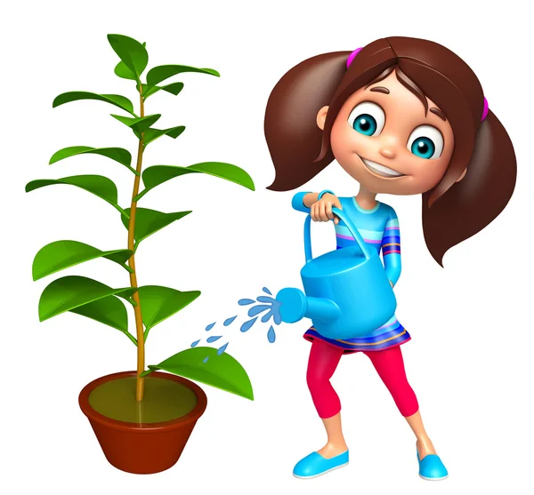 Kid girl with Watering can and plant — Stock Photo, Image