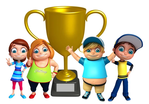 Kid girl and kid boy with Winning cup — Stock Photo, Image