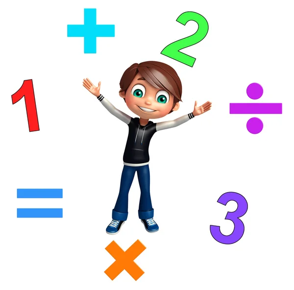 Мальчик с математическими знаками и цифрами — стоковое фото