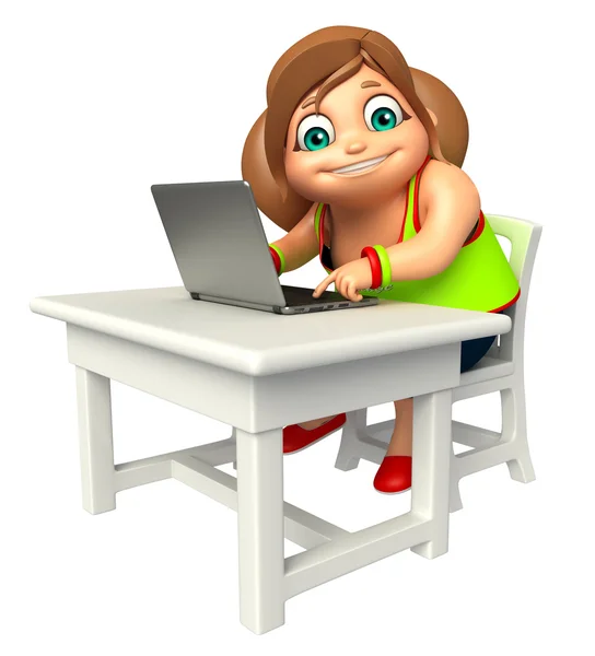 Dziecko dziewczynka z stół, krzesło & laptopa — Zdjęcie stockowe