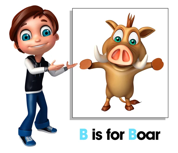 Kid boy pointing Boar — Stock Photo, Image