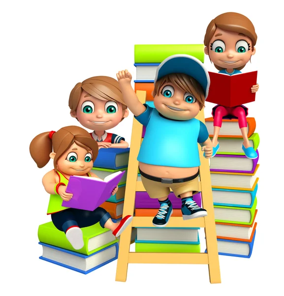 Chłopcy i dziewczęta z stosy książek — Zdjęcie stockowe