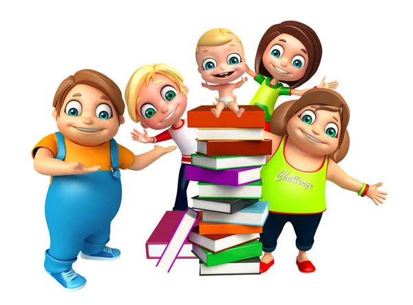 Kid girl, kid boy and cute baby with Book stack — Stock Photo, Image