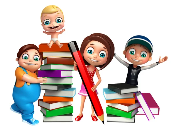 Kid girl, kid boy and cute baby with Book stack and pencil — Stock Photo, Image