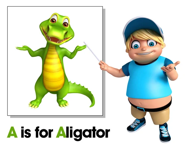 Kid boy pointing Alligator — Stock Photo, Image