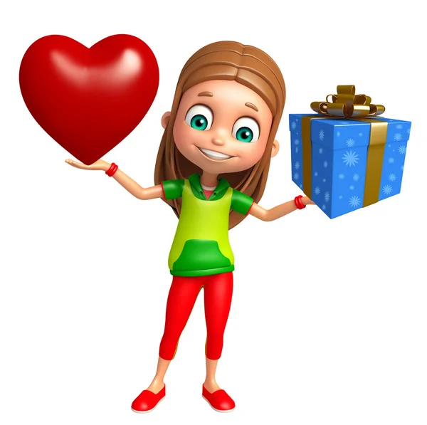 Menina criança com caixa de presente e coração — Fotografia de Stock