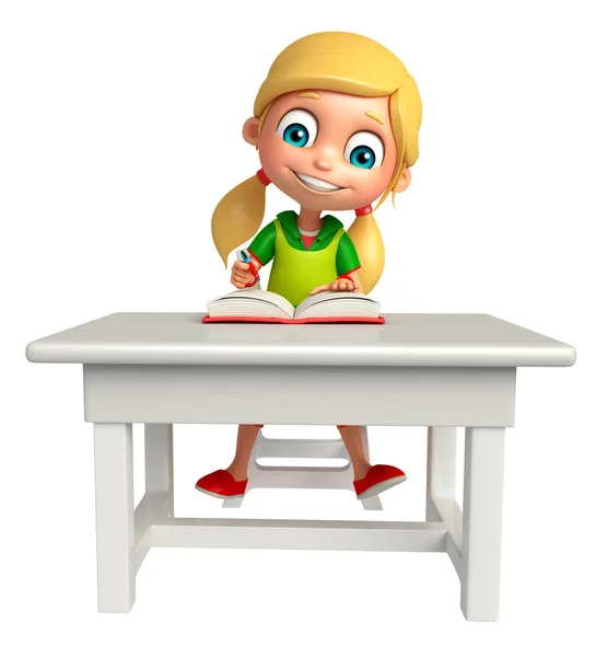 Kid girl with table chair book — Stock Photo, Image