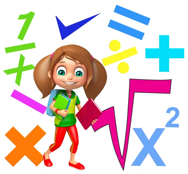 Kid flicka med matematiska tecken och siffror — Stockfoto