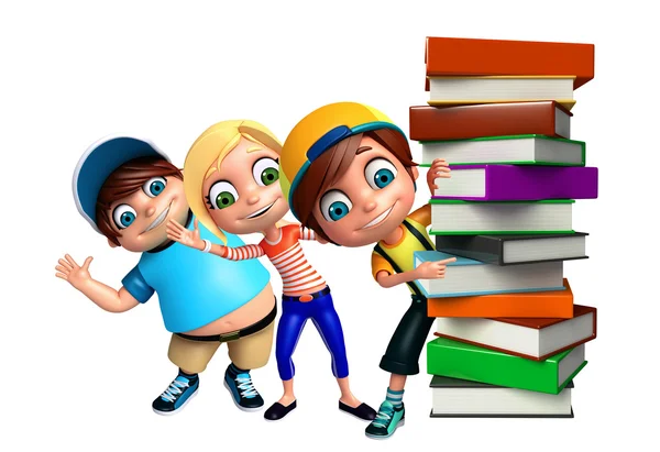 Kid girl and kid boy with Book stack — Stock Photo, Image