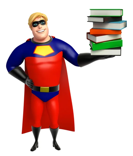 Super-herói com pilha de livro — Fotografia de Stock