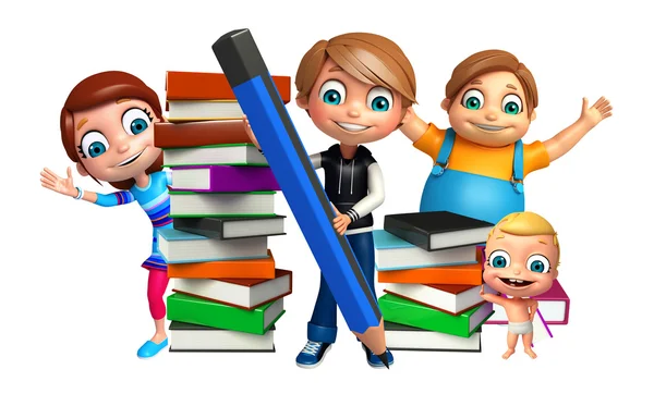 Anak gadis, anak laki-laki dan bayi lucu dengan tumpukan buku dan pensil — Stok Foto