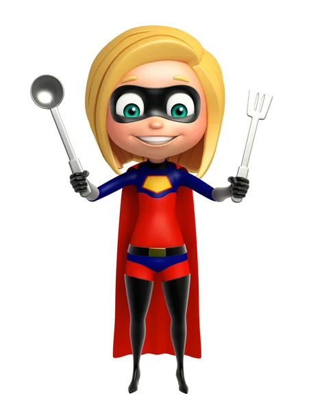 Supergirl com equipamento de cozinha — Fotografia de Stock