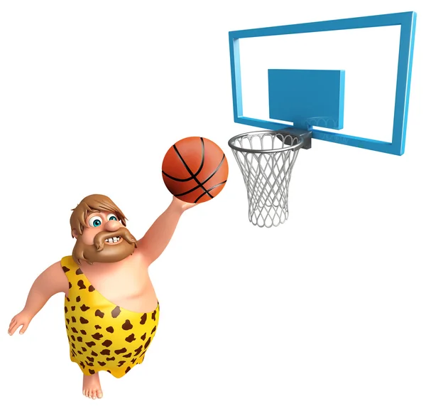 Caveman com bola de basquete e cesta — Fotografia de Stock