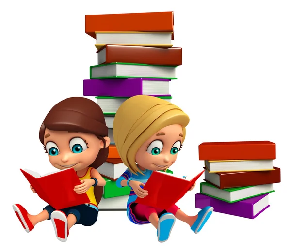 Kid girl with Book stack — Stock Photo, Image