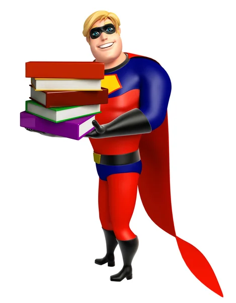 Superheld mit Bücherstapel — Stockfoto