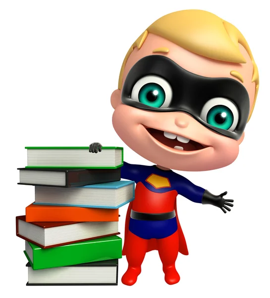 Schattig superbaby met boek stack — Stockfoto