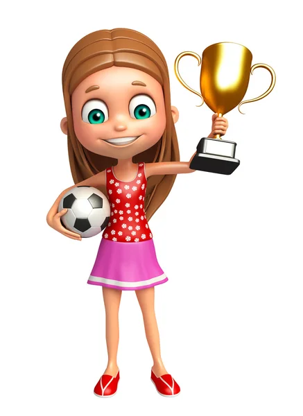 Lapsi tyttö voittaa cup ja jalkapallo — kuvapankkivalokuva