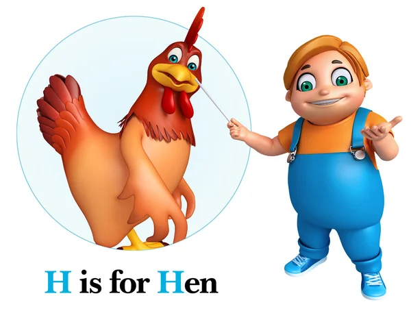 Kid boy pointing Hen — Stock Photo, Image