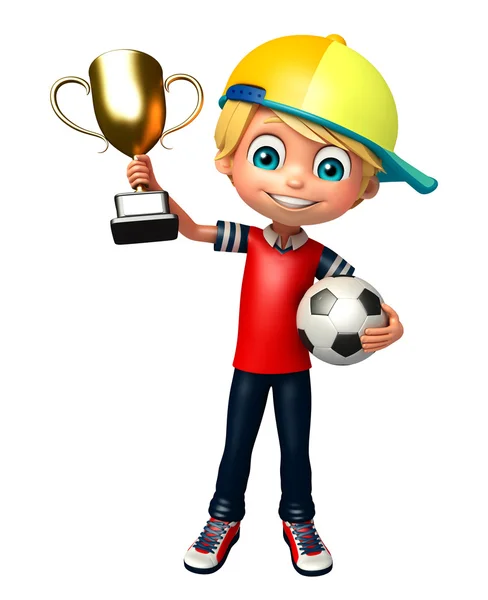 Παιδί αγόρι με ποδόσφαιρο & νίκη Κύπελλο — Φωτογραφία Αρχείου
